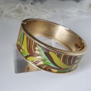 Goldtone Jungle Leaf Printed Hinged (Clamp) Bangle
